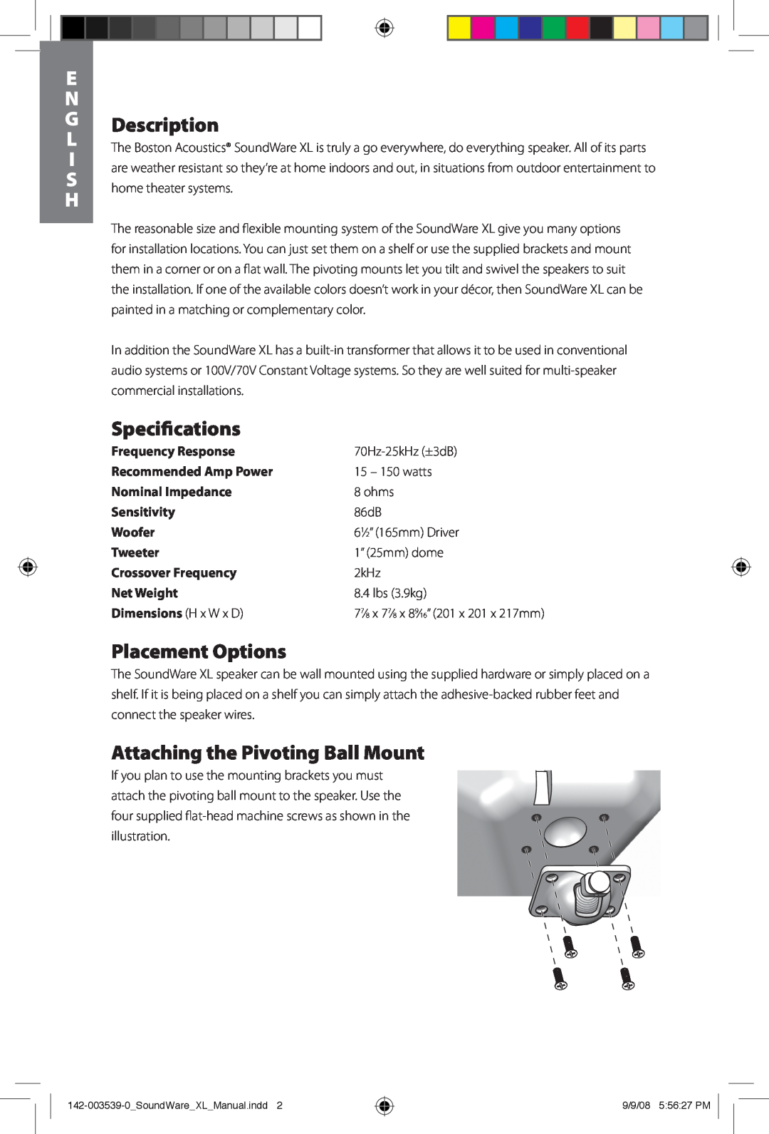 Boston Acoustics SoundWare XL Description, Specifications, Placement Options, Attaching the Pivoting Ball Mount, Woofer 