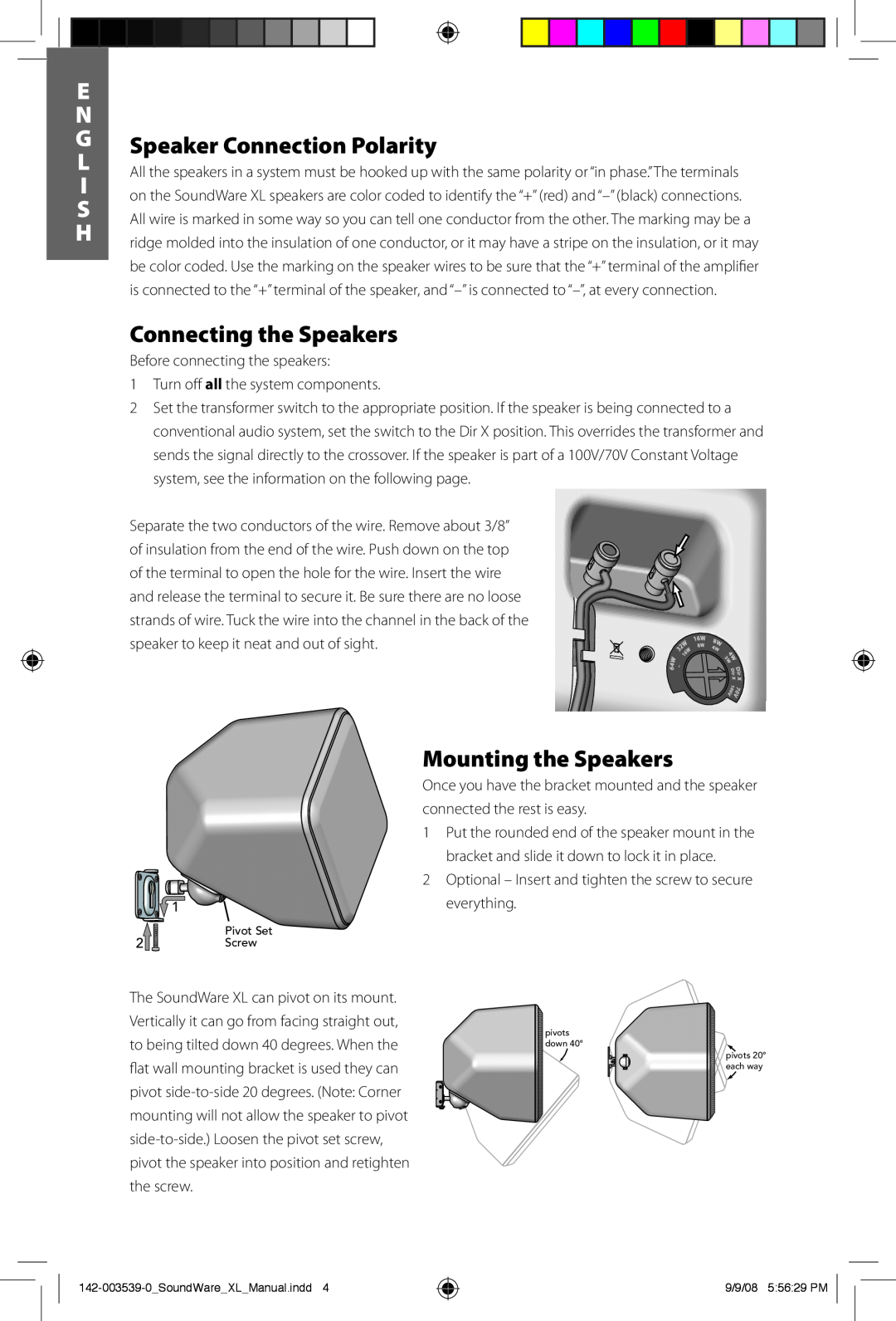 Boston Acoustics SoundWare XL owner manual Speaker Connection Polarity, Connecting the Speakers, Mounting the Speakers 