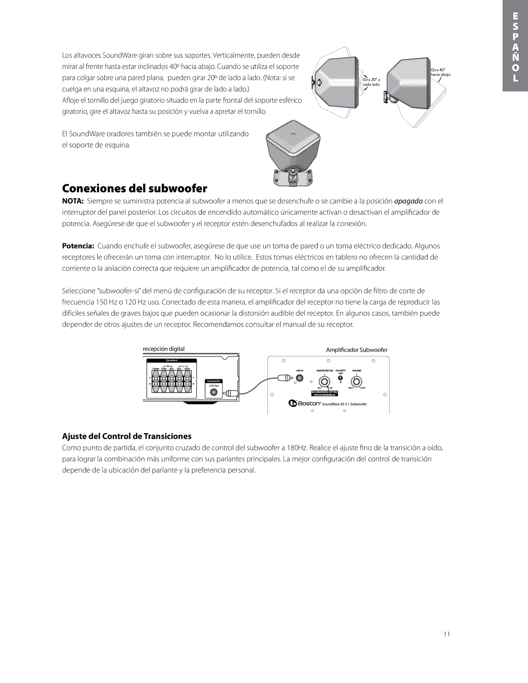 Boston Acoustics soundware xs 5.1 5.1 surround speaker system Conexiones del subwoofer, Ajuste del Control de Transiciones 