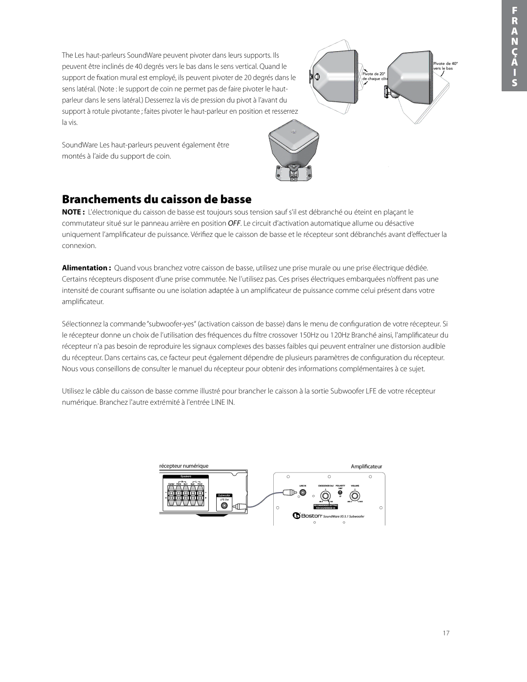 Boston Acoustics soundware xs 5.1 5.1 surround speaker system owner manual Branchements du caisson de basse 