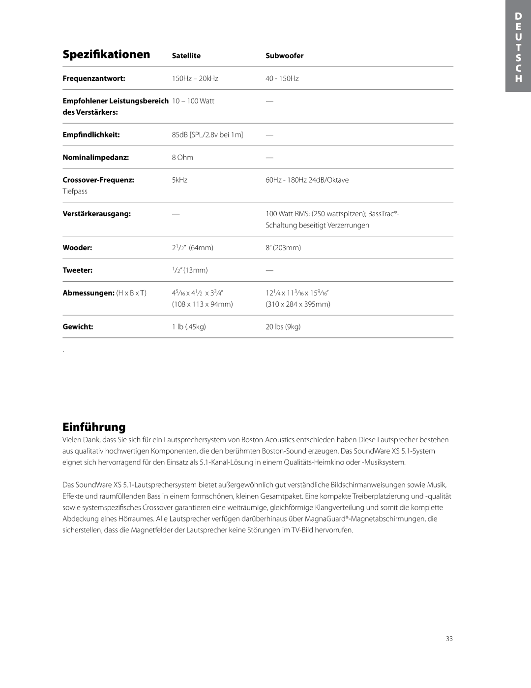 Boston Acoustics soundware xs 5.1 5.1 surround speaker system owner manual Spezifikationen, Einführung 