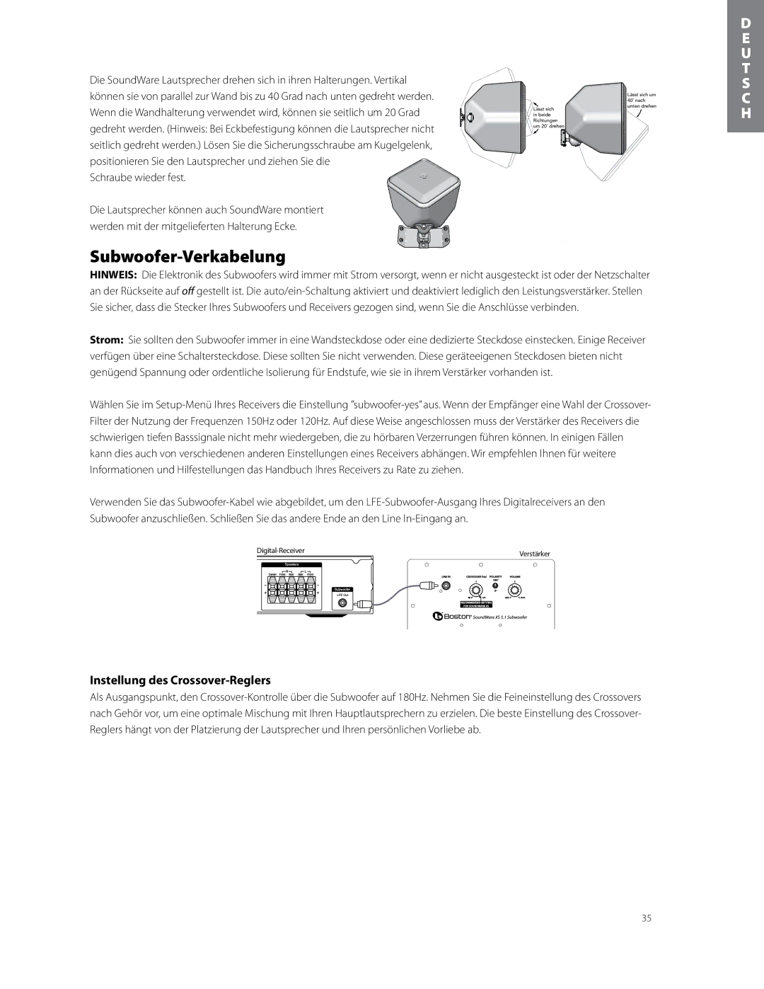 Boston Acoustics soundware xs 5.1 5.1 surround speaker system Subwoofer-Verkabelung, Instellung des Crossover-Reglers 