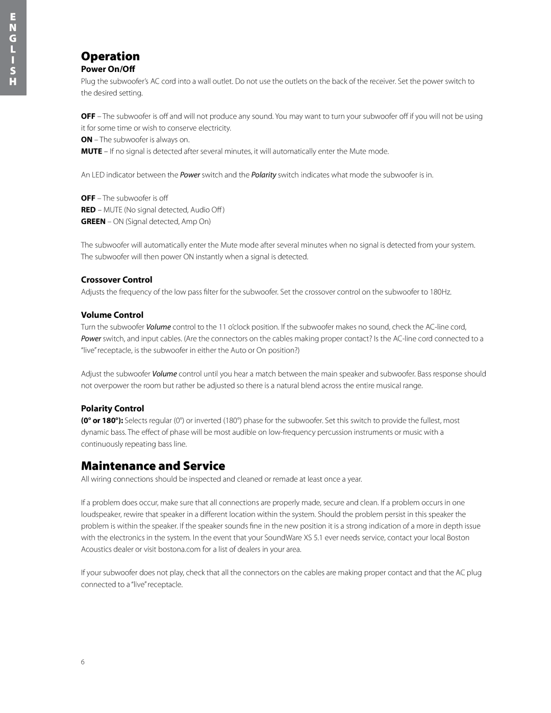 Boston Acoustics soundware xs 5.1 5.1 surround speaker system owner manual Operation, Maintenance and Service 