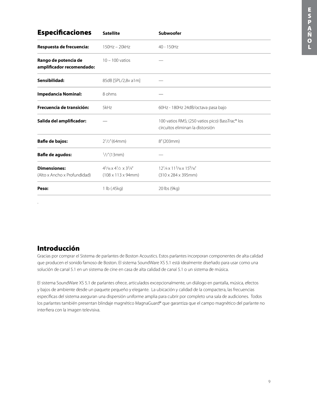 Boston Acoustics soundware xs 5.1 5.1 surround speaker system owner manual Especificaciones, Introducción 