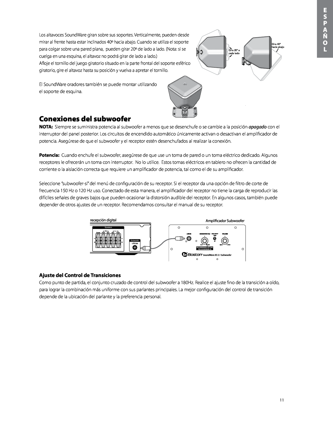 Boston Acoustics soundware xs 5.1 5.1 surround speaker system owner manual Conexiones del subwoofer, E S P A ñ O L 