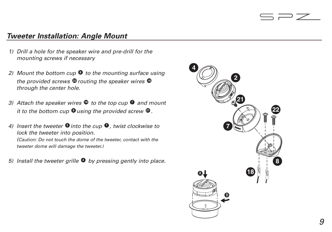 Boston Acoustics SPZ60, SPZ50 manual Tweeter Installation Angle Mount 