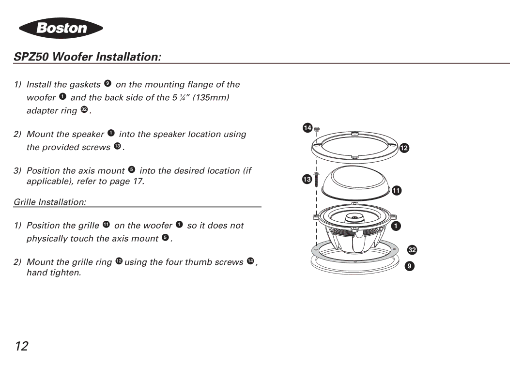 Boston Acoustics SPZ60 manual SPZ50 Woofer Installation 