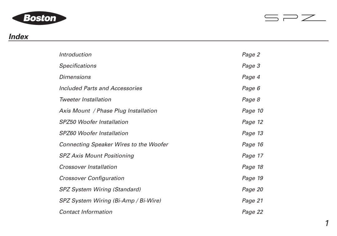 Boston Acoustics SPZ60, SPZ50 manual Index 