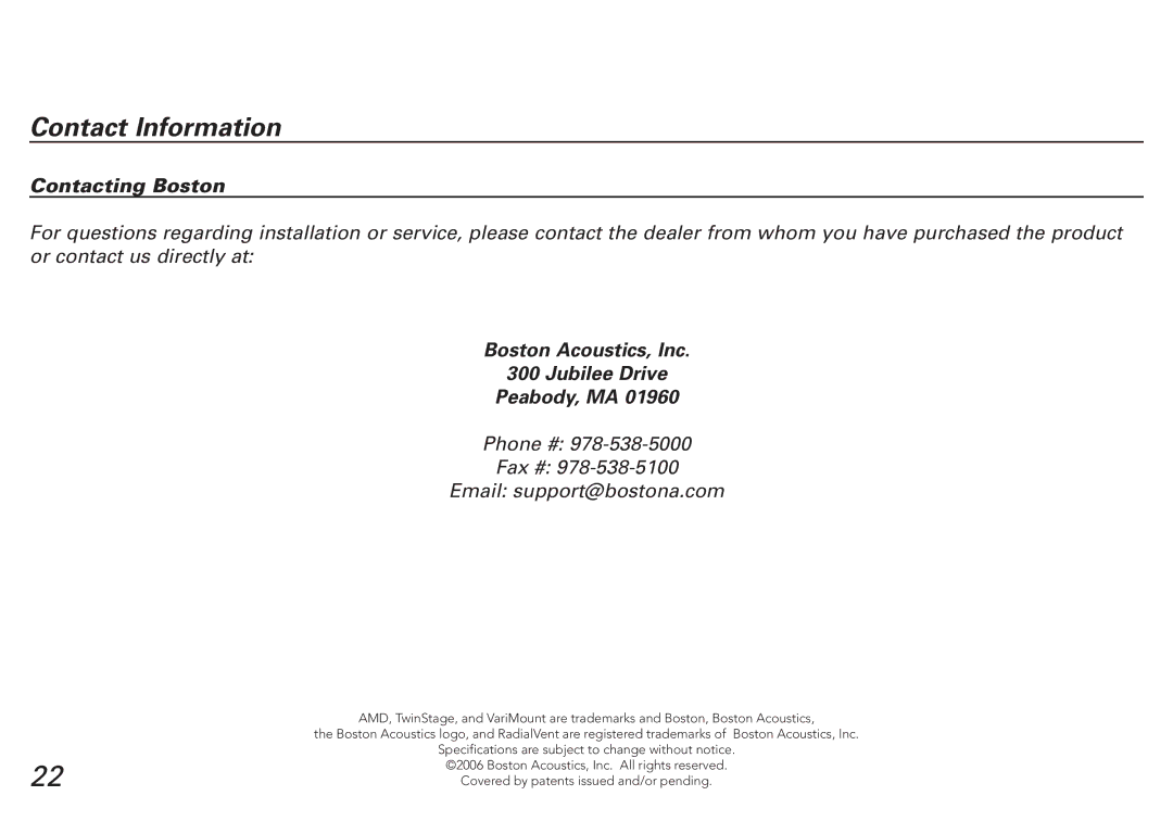 Boston Acoustics SPZ50, SPZ60 manual Contact Information, Contacting Boston 