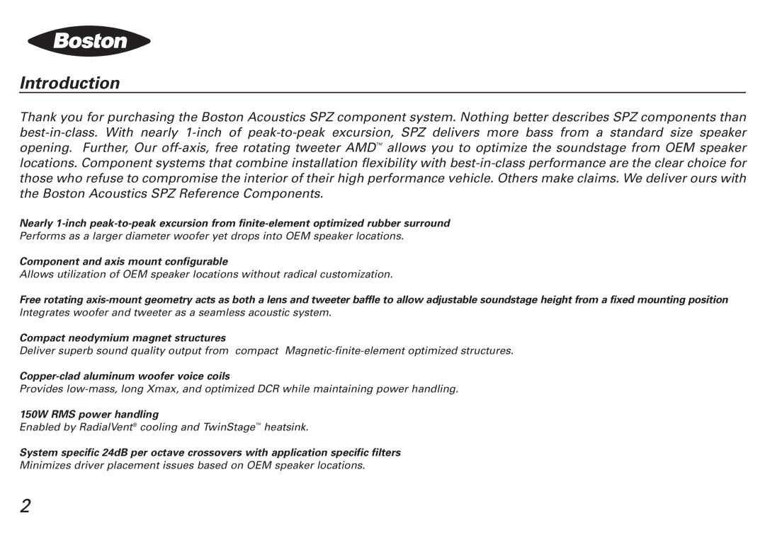 Boston Acoustics SPZ50, SPZ60 manual Introduction 