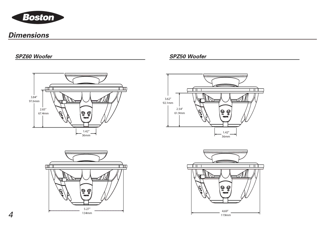 Boston Acoustics SPZ50, SPZ60 manual Dimensions 