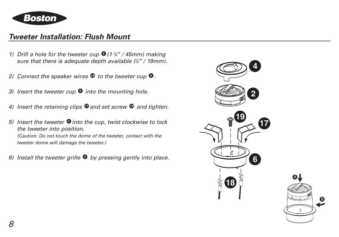 Boston Acoustics SPZ50, SPZ60 manual Tweeter Installation Flush Mount 