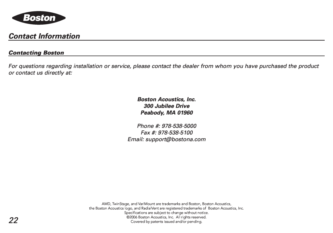 Boston Acoustics SPZ50, SPZ60 Contact Information, Contacting Boston, Boston Acoustics, Inc 300 Jubilee Drive, Peabody, MA 