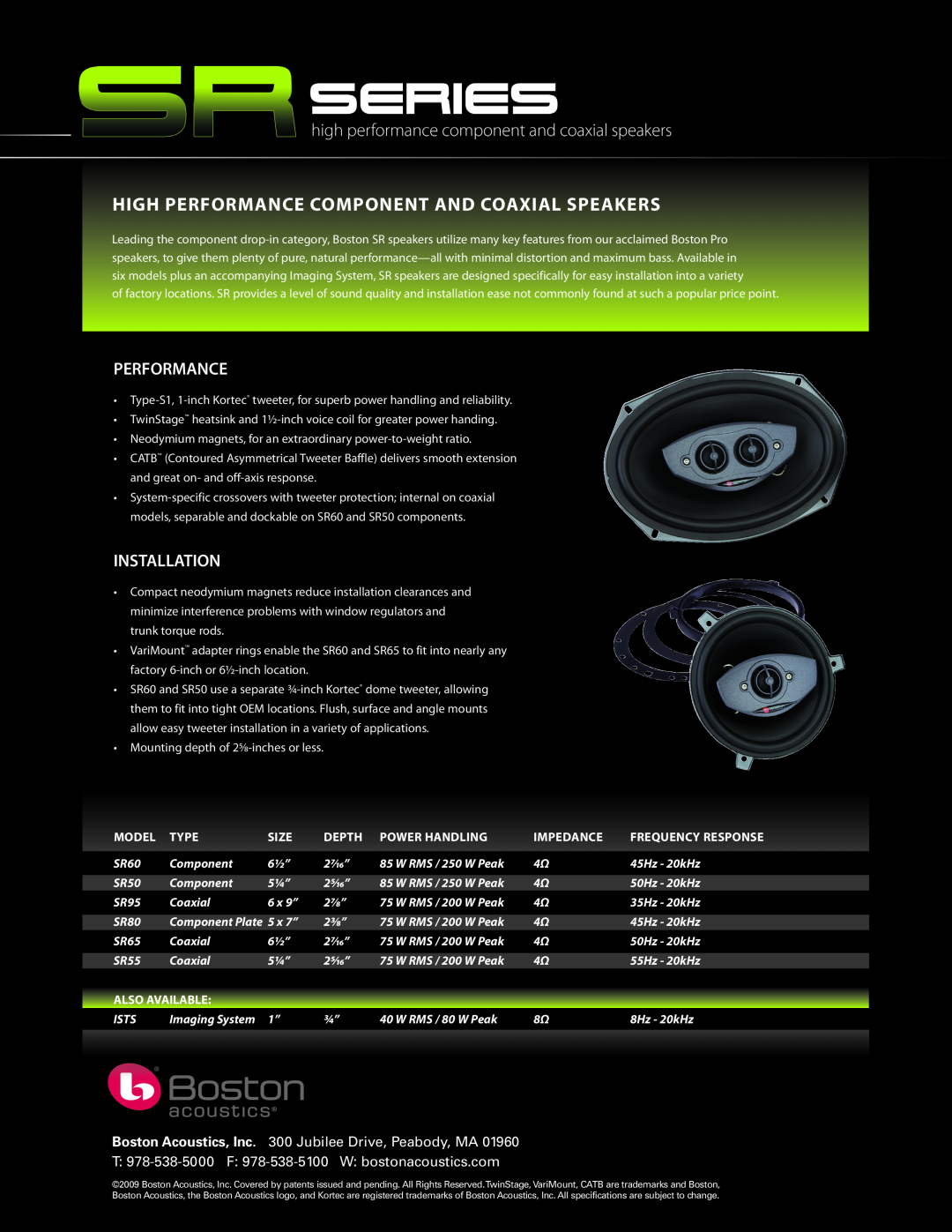 Boston Acoustics SR95 High Performance Component And Coaxial Speakers, Installation, Model, Type, Size, Depth, Impedance 