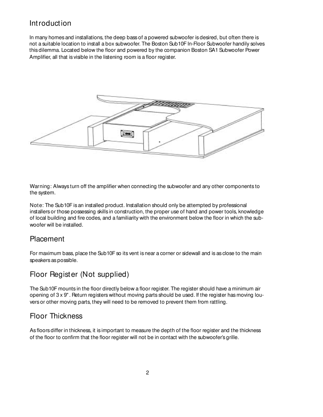 Boston Acoustics SUB10F manual Introduction, Placement, Floor Register Not supplied, Floor Thickness 