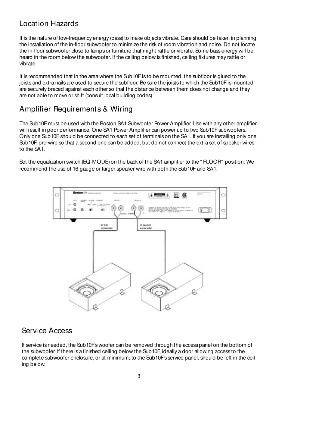 Boston Acoustics SUB10F manual Location Hazards, Ampliﬁer Requirements & Wiring, Service Access 