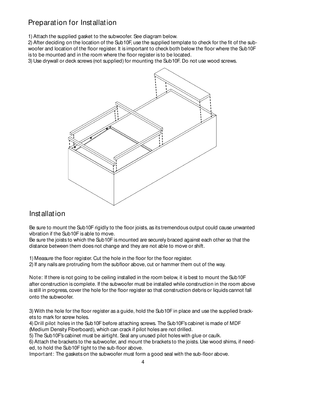 Boston Acoustics SUB10F manual Preparation for Installation 