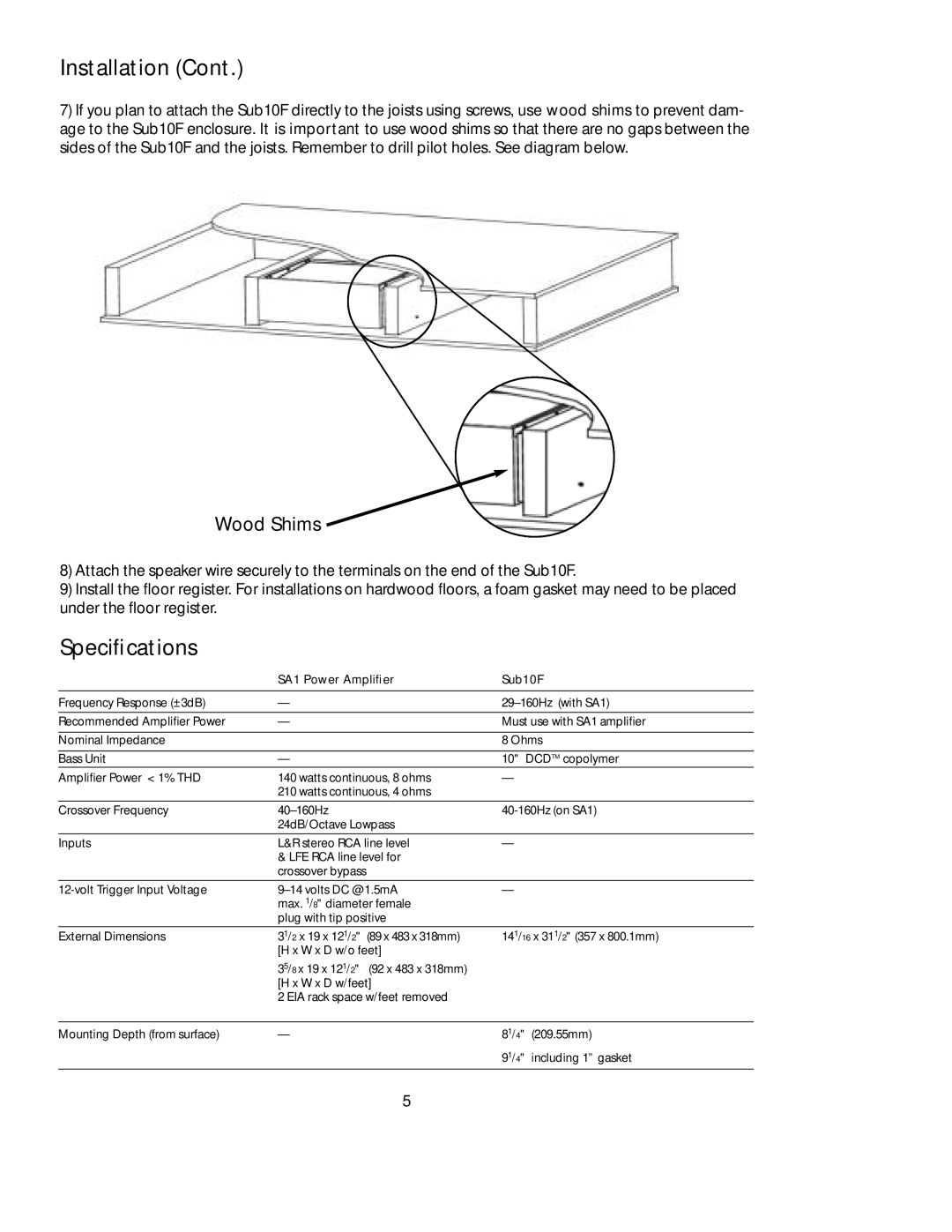 Boston Acoustics SUB10F manual Speciﬁcations, Wood Shims 