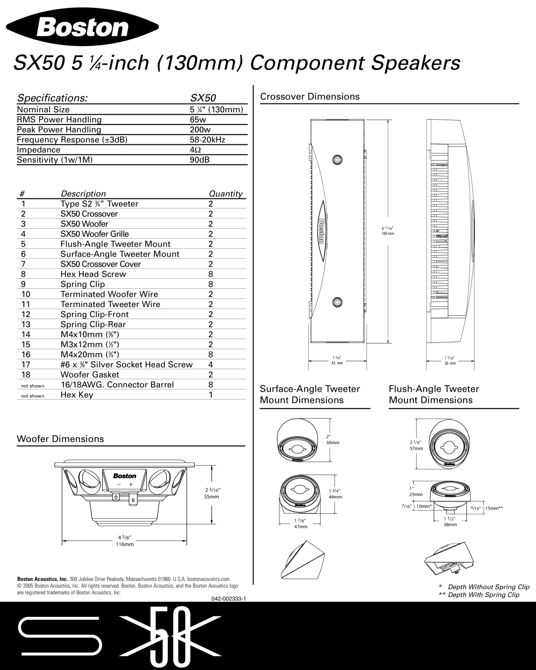 Boston Acoustics specifications SX50 5 1⁄4-inch 130mm Component Speakers, Specifications SX50 