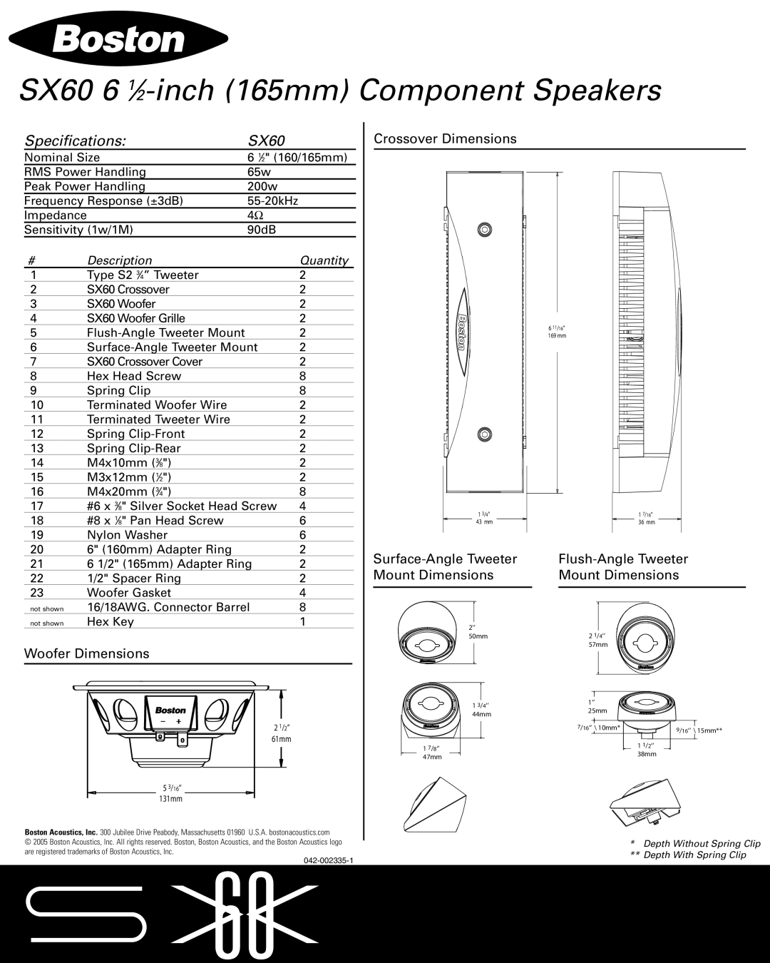 Boston Acoustics specifications SX60 6 1⁄2-inch 165mm Component Speakers, Specifications SX60 