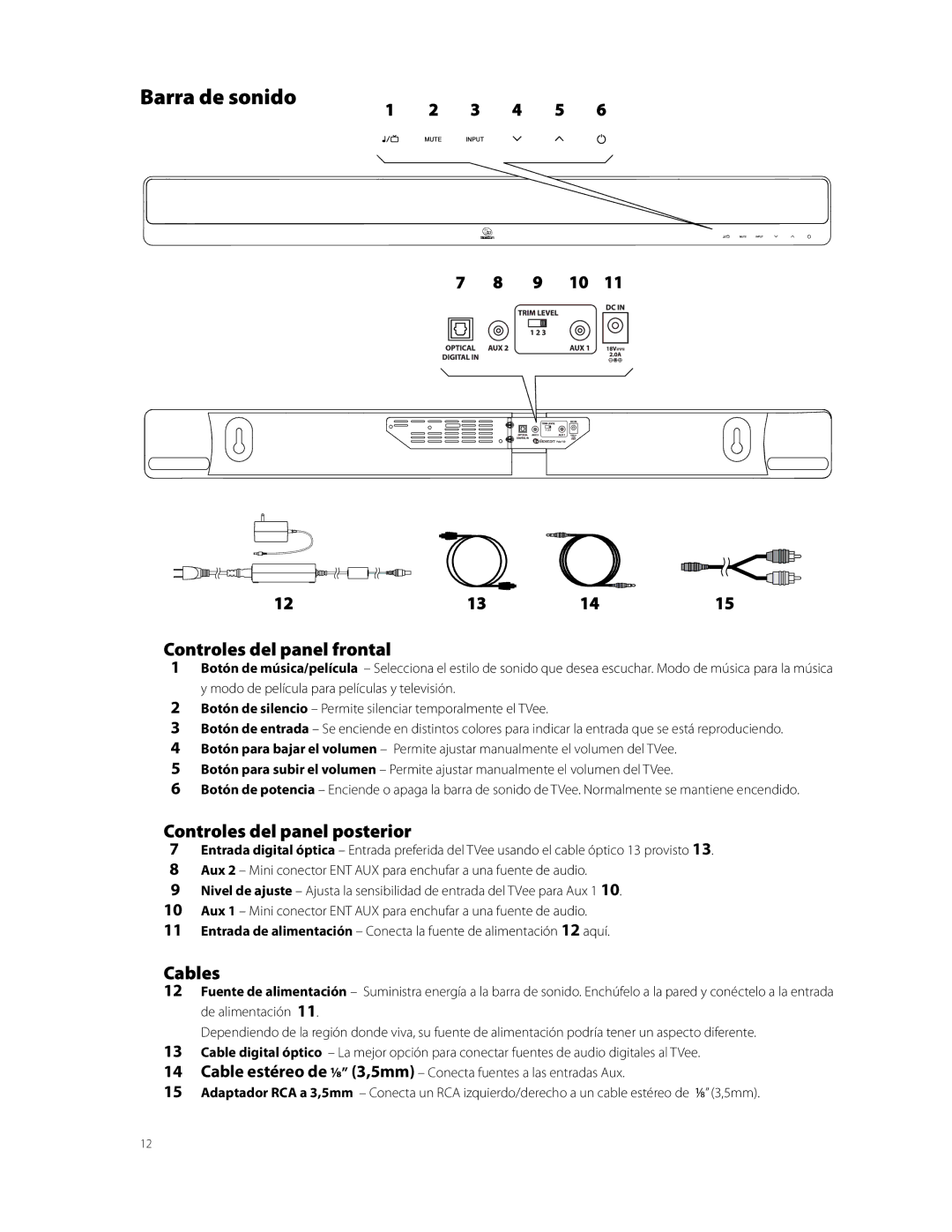 Boston Acoustics TVEEM10B owner manual Barra de sonido, Controles del panel frontal 