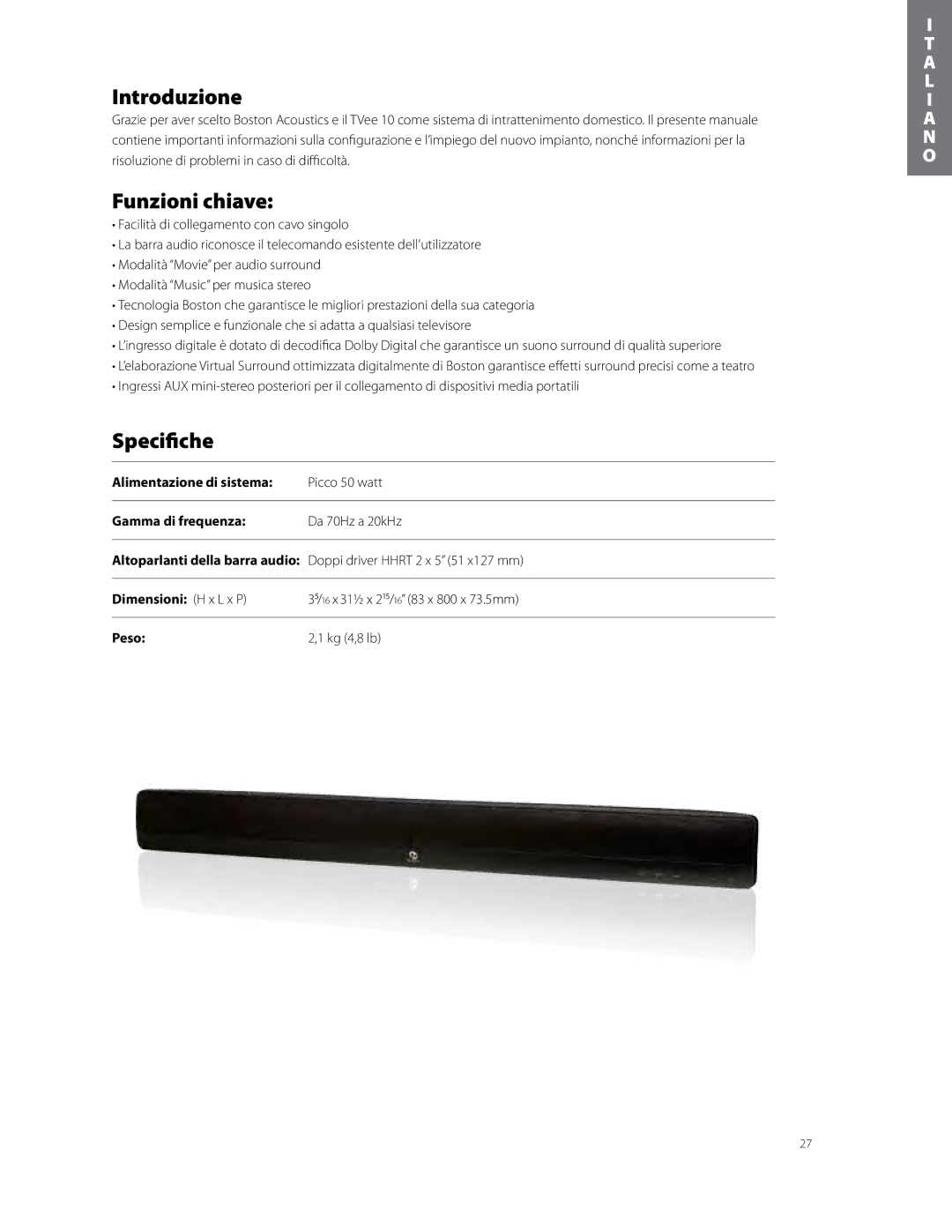 Boston Acoustics TVEEM10B owner manual Introduzione, Funzioni chiave, Specifiche, Dimensioni H x L x P 