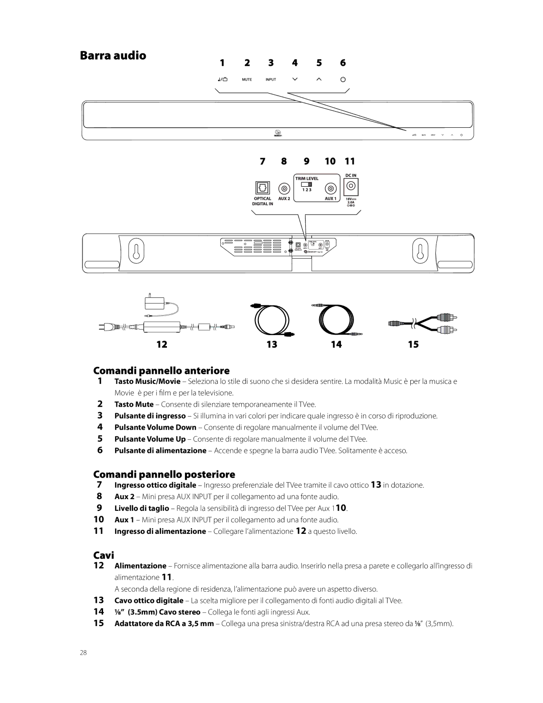 Boston Acoustics TVEEM10B owner manual Barra audio, Comandi pannello anteriore 