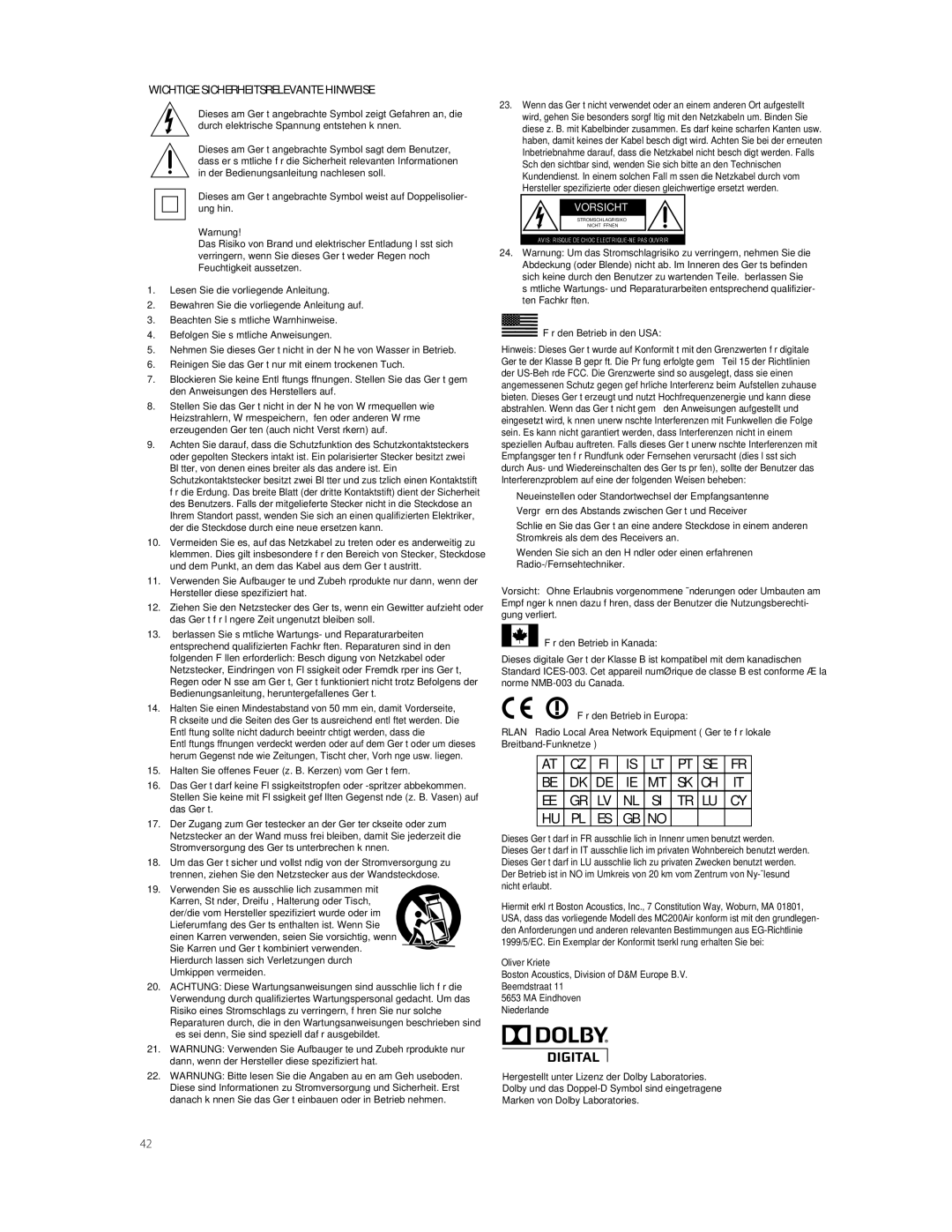 Boston Acoustics TVEEM10B owner manual Wichtige Sicherheitsrelevante Hinweise 