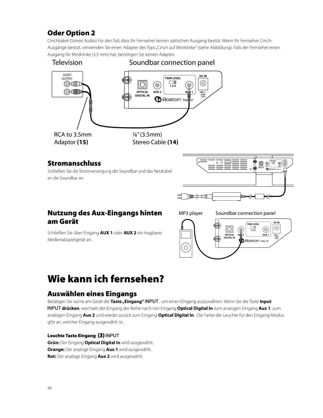 Boston Acoustics TVEEM10B Wie kann ich fernsehen?, Oder Option, Stromanschluss, Nutzung des Aux-Eingangs hinten am Gerät 