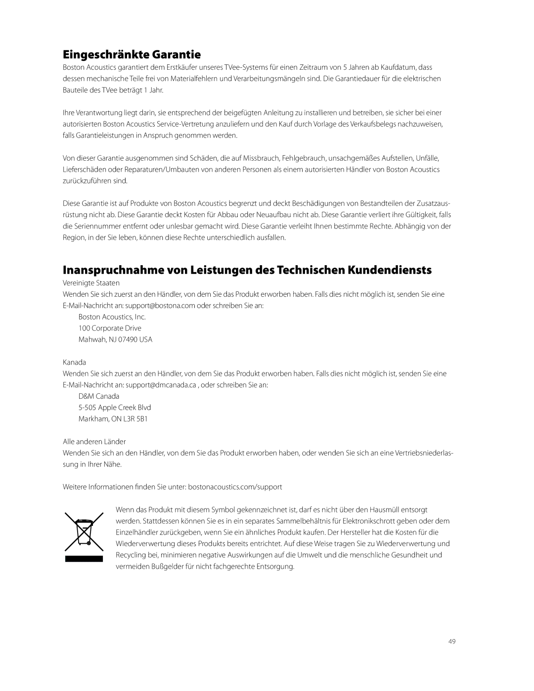 Boston Acoustics TVEEM10B Eingeschränkte Garantie, Inanspruchnahme von Leistungen des Technischen Kundendiensts 