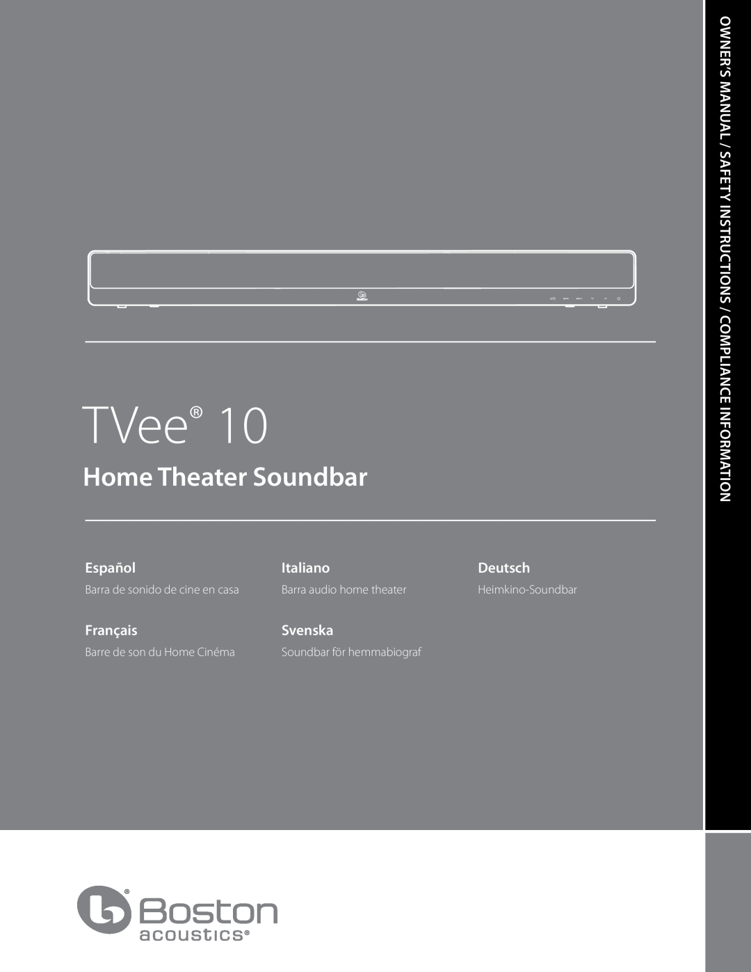 Boston Acoustics TVEEM10B owner manual Español, Italiano, Deutsch, Français, Svenska, TVee, Home Theater Soundbar 
