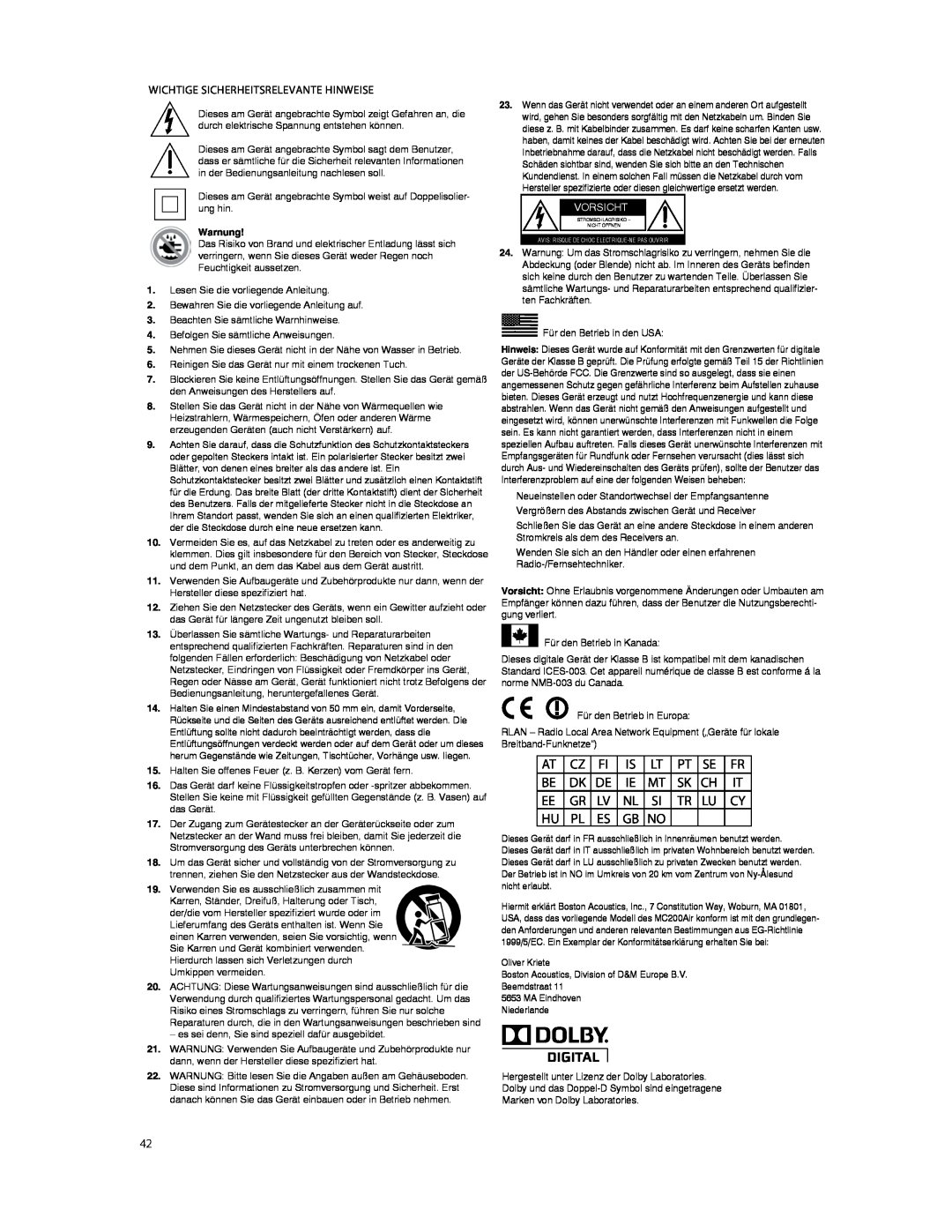 Boston Acoustics TVEEM10B owner manual Wichtige Sicherheitsrelevante Hinweise 