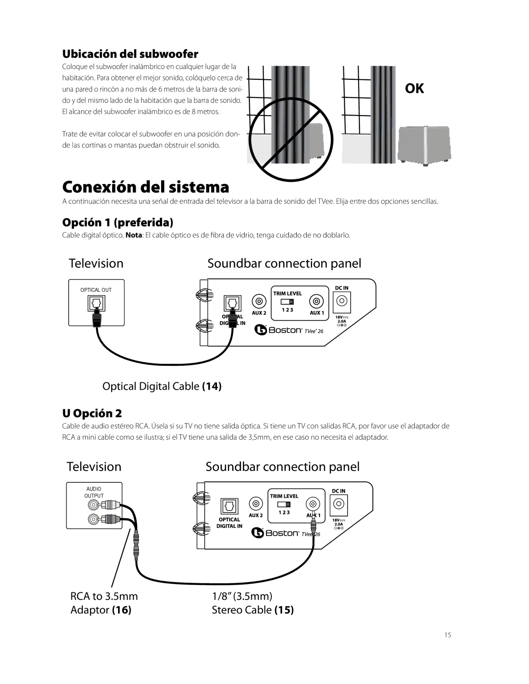 Boston Acoustics TVEEM26B owner manual Conexión del sistema, Ubicación del subwoofer, Opción 1 preferida 