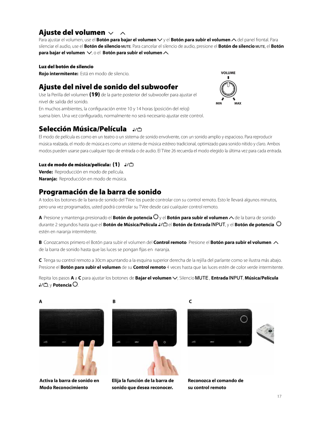 Boston Acoustics TVEEM26B Ajuste del volumen, Ajuste del nivel de sonido del subwoofer, Selección Música/Película 