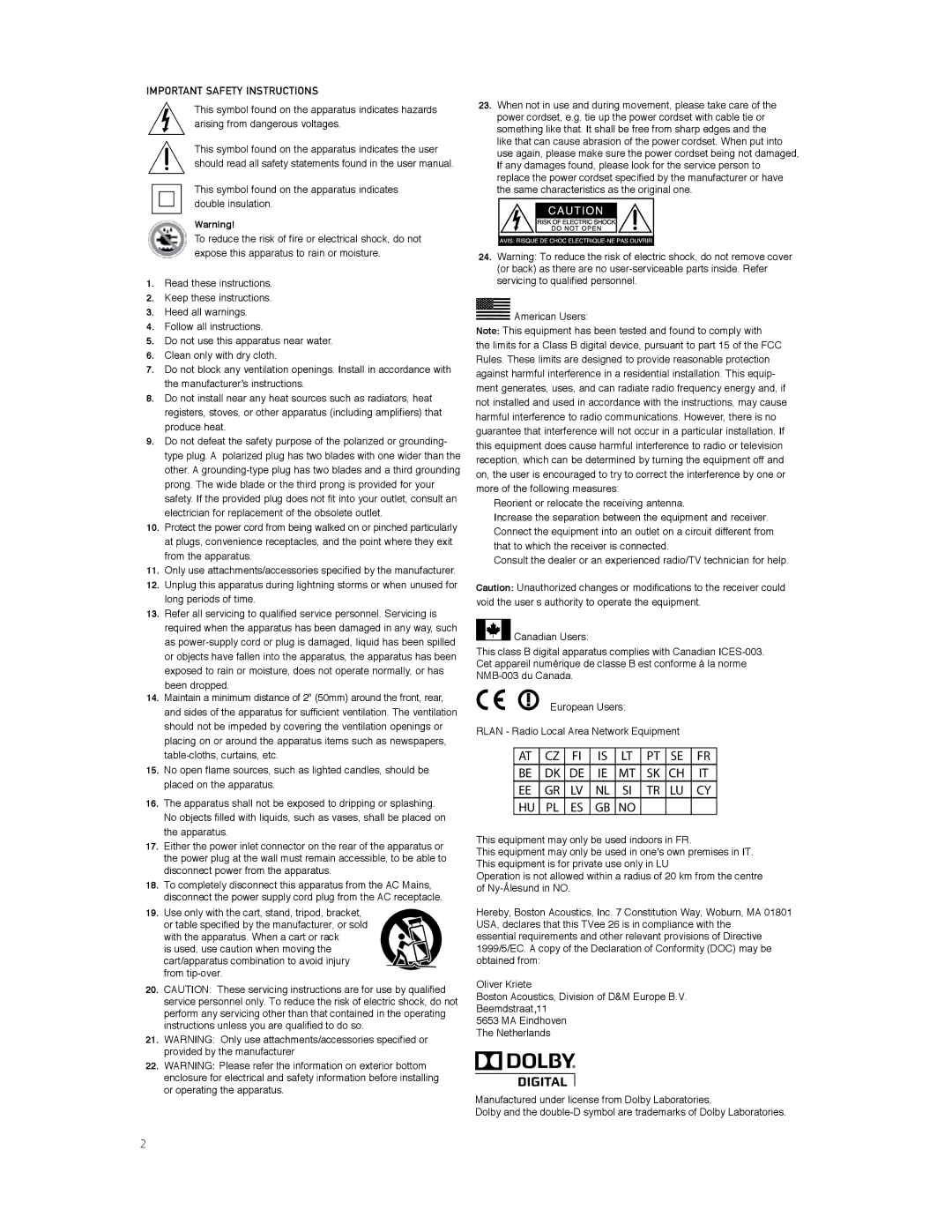 Boston Acoustics TVEEM26B owner manual Important Safety Instructions 