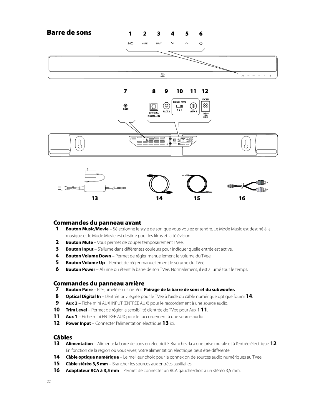 Boston Acoustics TVEEM26B owner manual Barre de sons, Commandes du panneau avant, Commandes du panneau arrière, Câbles 