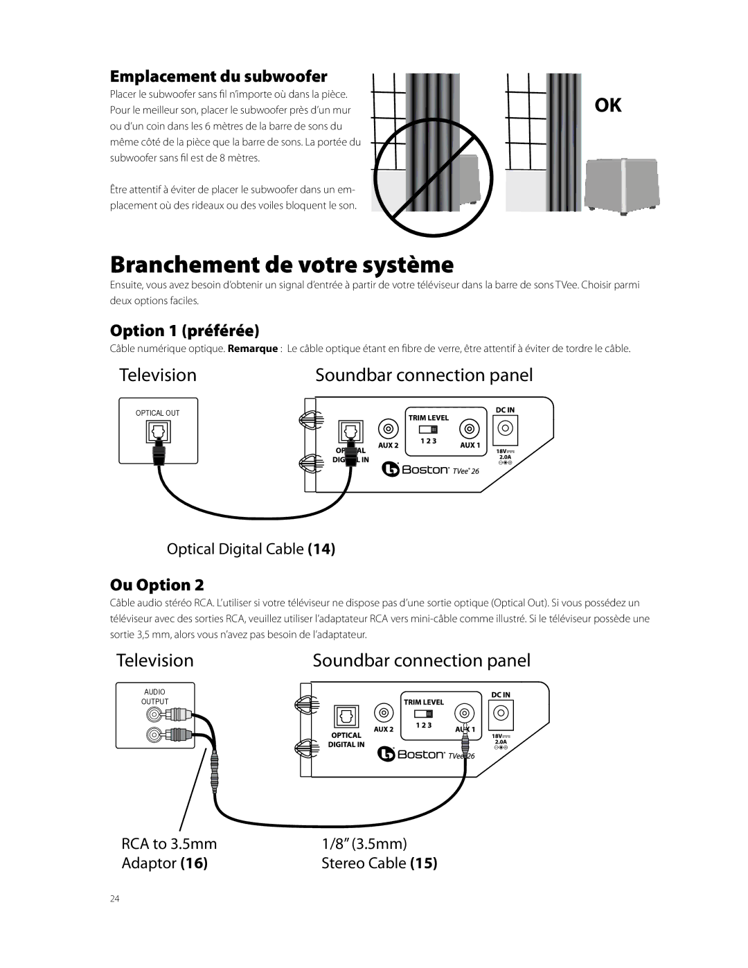 Boston Acoustics TVEEM26B owner manual Branchement de votre système, Emplacement du subwoofer, Option 1 préférée, Ou Option 