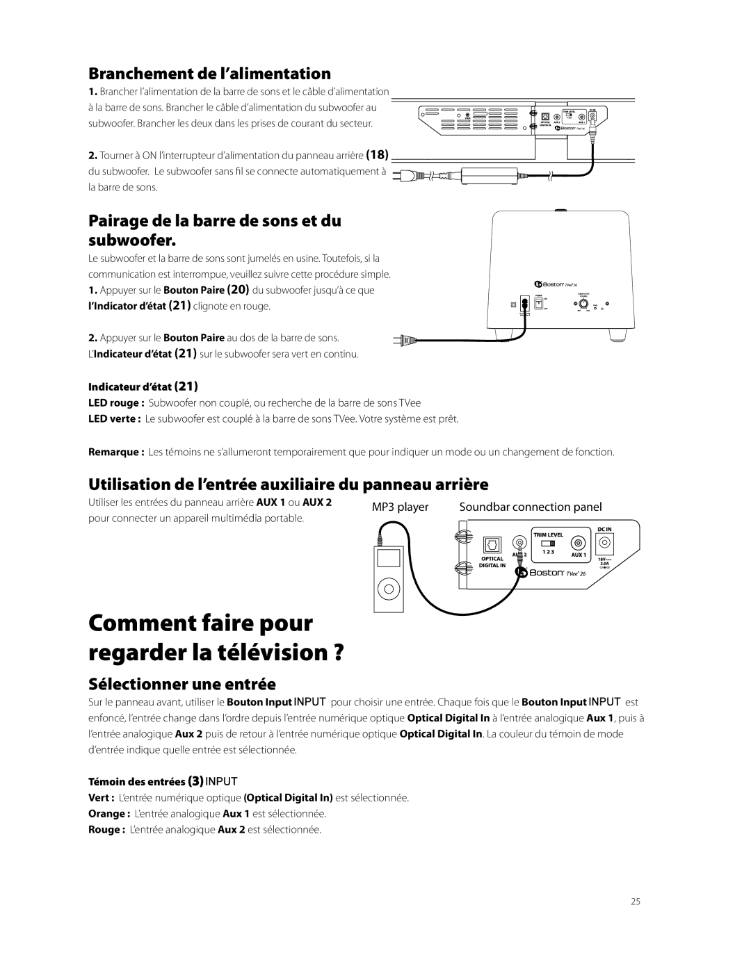 Boston Acoustics TVEEM26B owner manual Branchement de l’alimentation, Pairage de la barre de sons et du subwoofer 