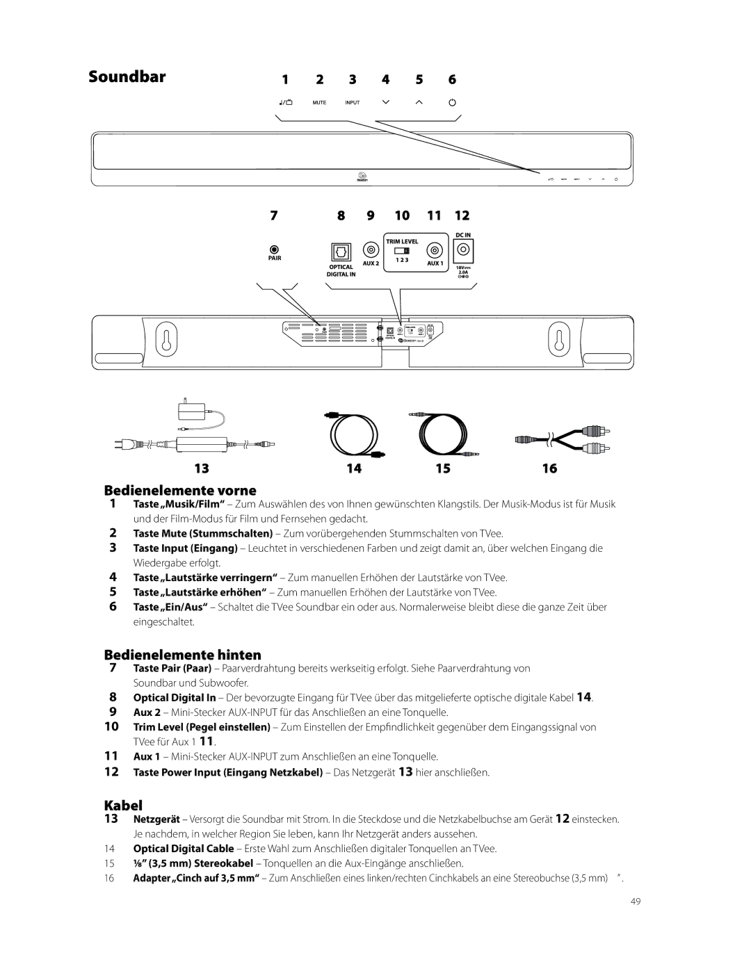 Boston Acoustics TVEEM26B owner manual Bedienelemente vorne, Bedienelemente hinten, Kabel 