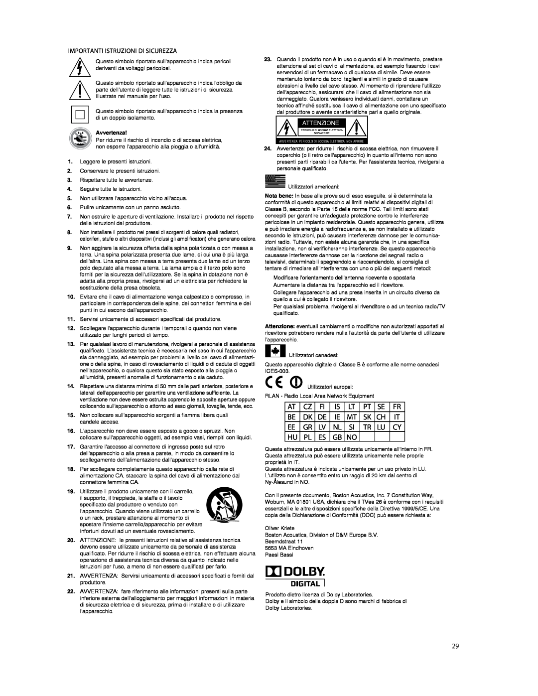 Boston Acoustics TVEEM26B owner manual Importanti Istruzioni Di Sicurezza 