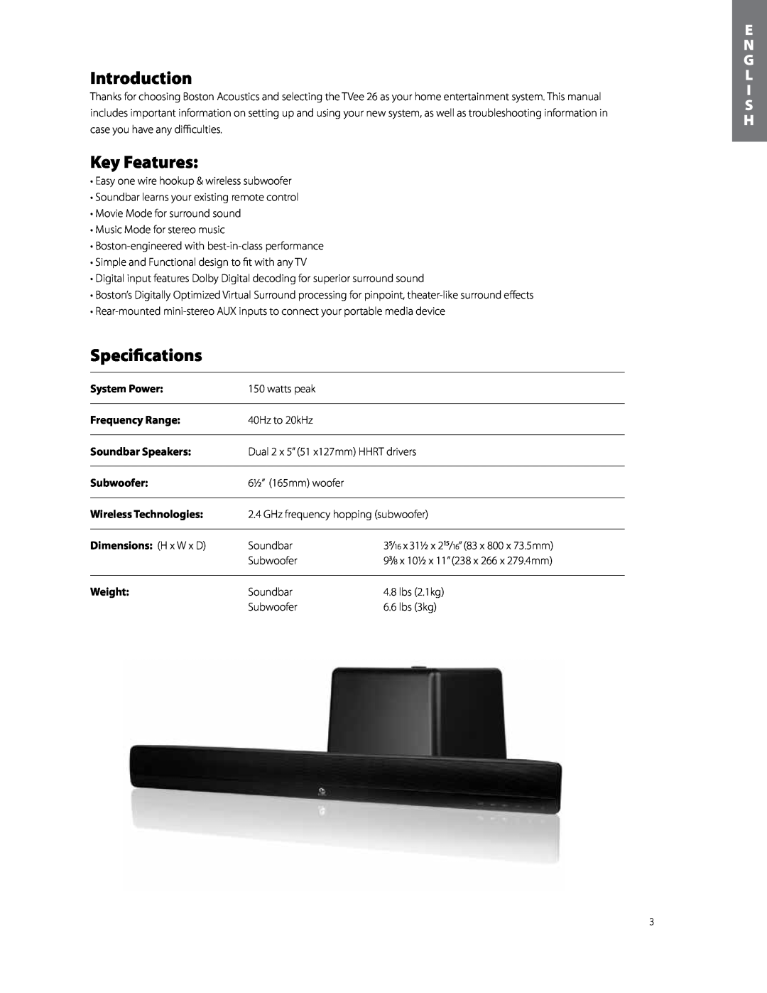 Boston Acoustics TVEEM26B Introduction, Key Features, Specifications, E N G L I S H, System Power, Frequency Range, Weight 