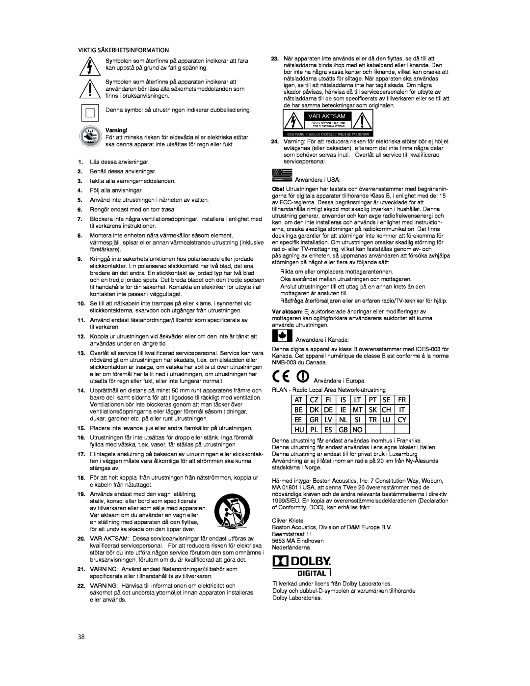 Boston Acoustics TVEEM26B owner manual Viktig Säkerhetsinformation 