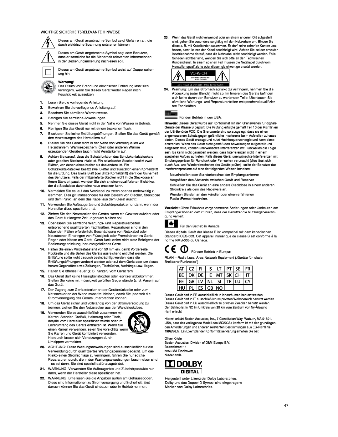Boston Acoustics TVEEM26B owner manual Wichtige Sicherheitsrelevante Hinweise 