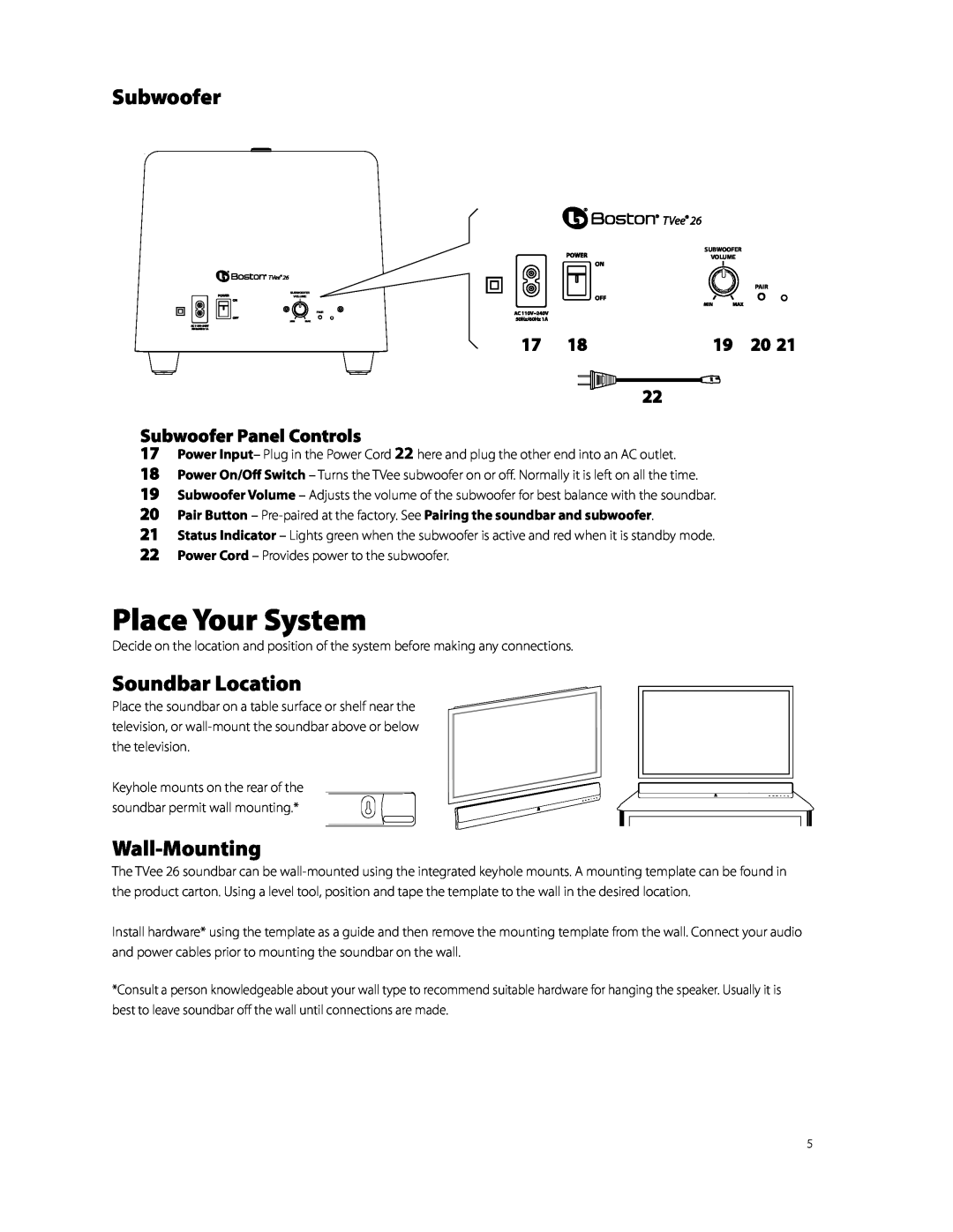 Boston Acoustics TVEEM26B owner manual Place Your System, Soundbar Location, Wall-Mounting, Subwoofer Panel Controls 