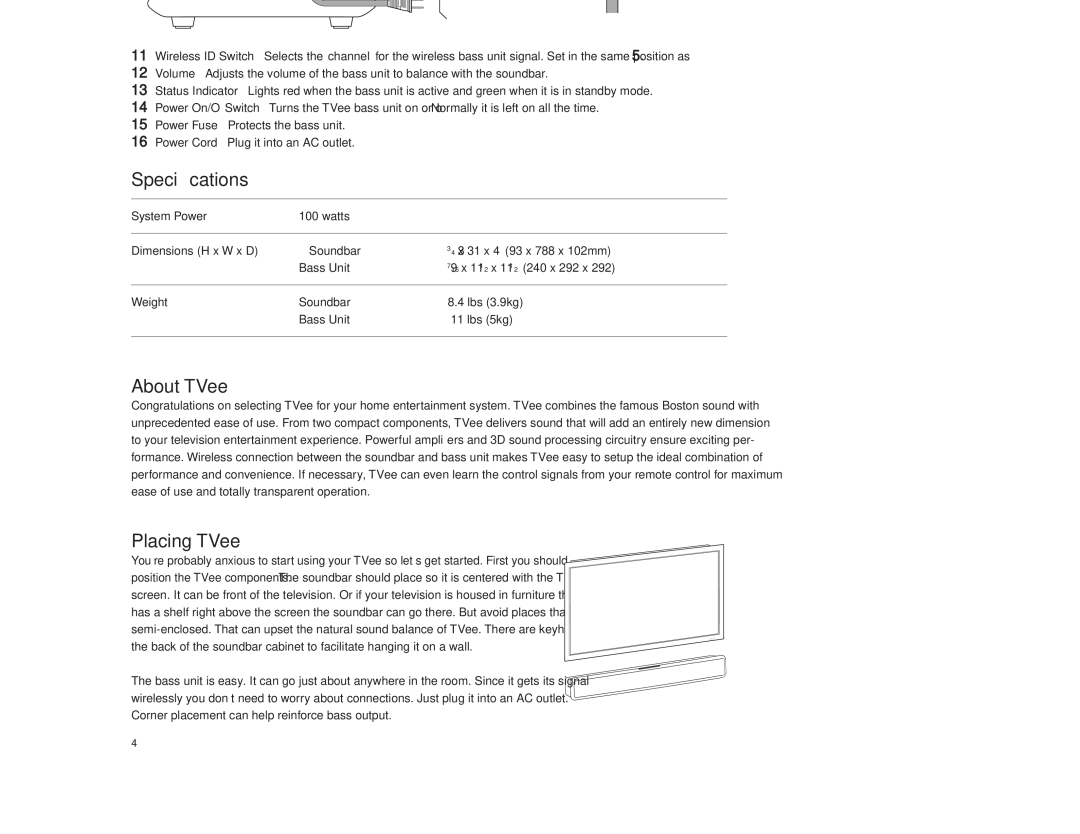 Boston Acoustics TVeeTM owner manual Specifications, About TVee, Placing TVee 