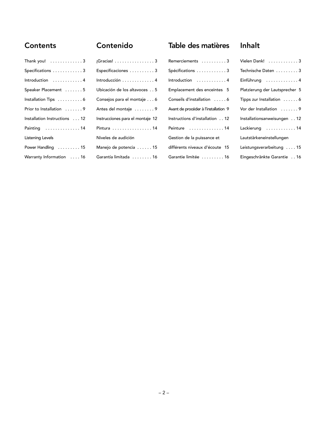 Boston Acoustics VRi560, VRi593, VRi580, VRi553 manual Contents Contenido Table des matières Inhalt 