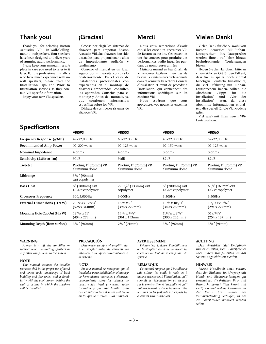 Boston Acoustics VRi553, VRi593, VRi580, VRi560 manual Thank you, ¡Gracias, Merci, Vielen Dank, Specifications 