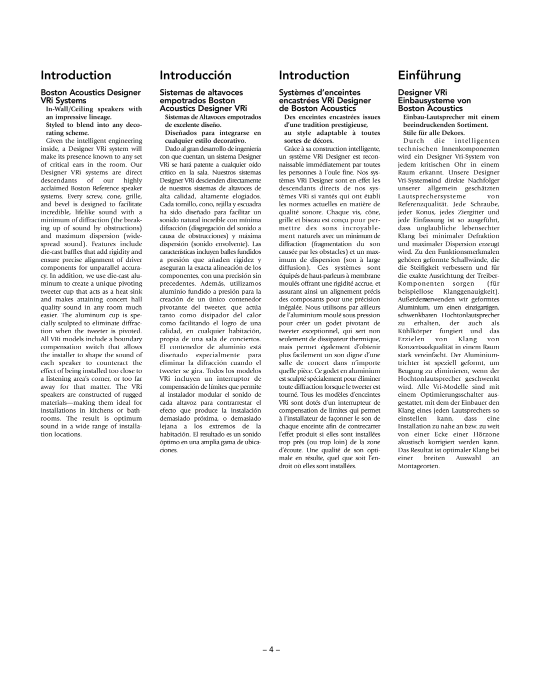 Boston Acoustics VRi593, VRi580, VRi560 manual Introduction, Introducción, Einführung, Boston Acoustics Designer VRi Systems 