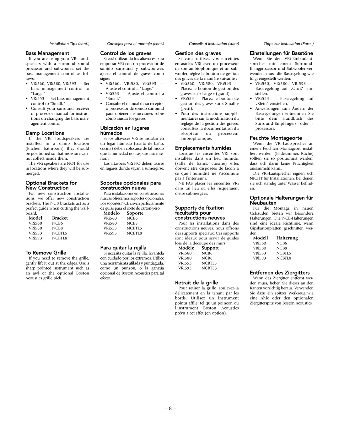 Boston Acoustics VRi593, VRi580 Bass Management, Damp Locations, Optional Brackets for New Construction, To Remove Grille 