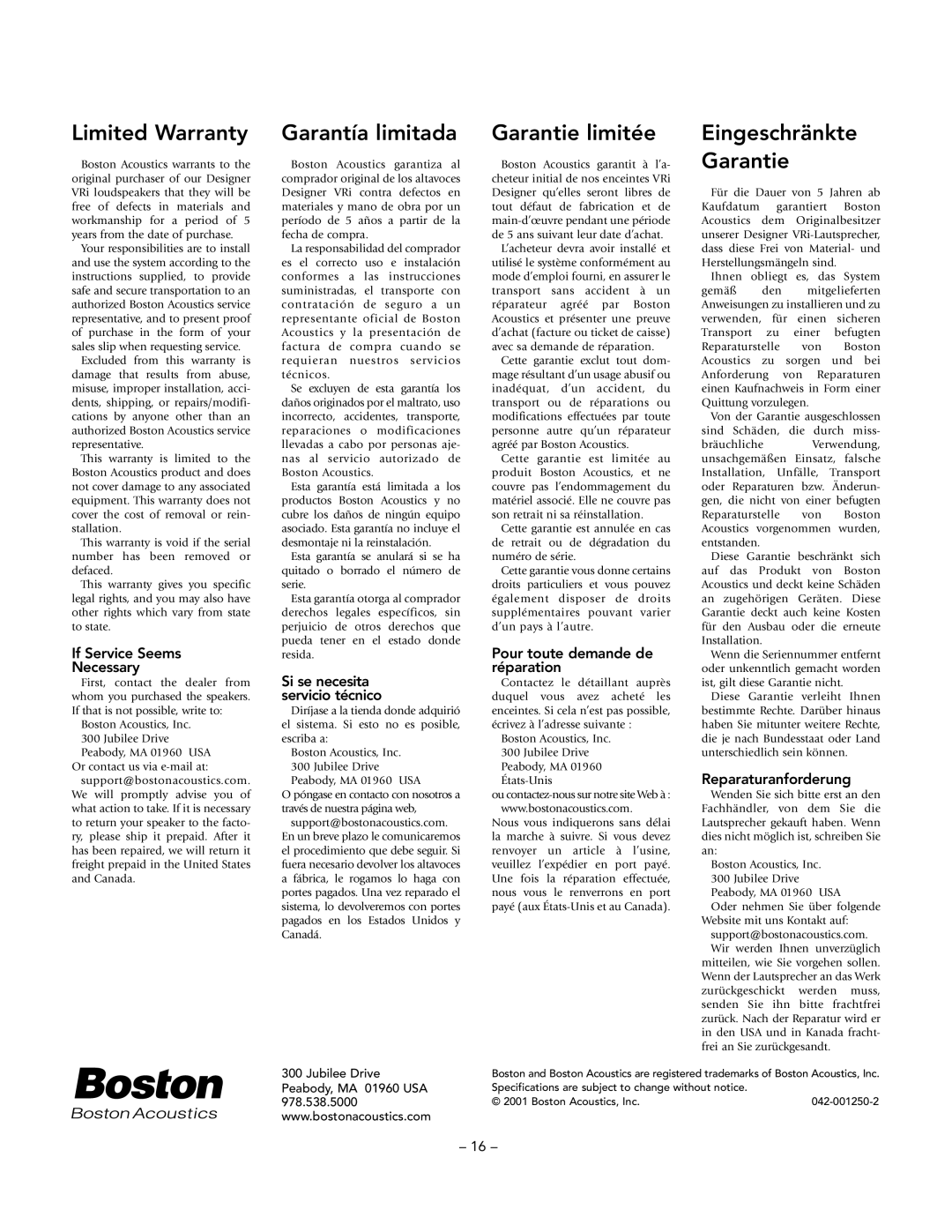 Boston Acoustics VRi593, VRi580, VRi560 manual Limited Warranty, Garantía limitada, Garantie limitée, Eingeschränkte Garantie 